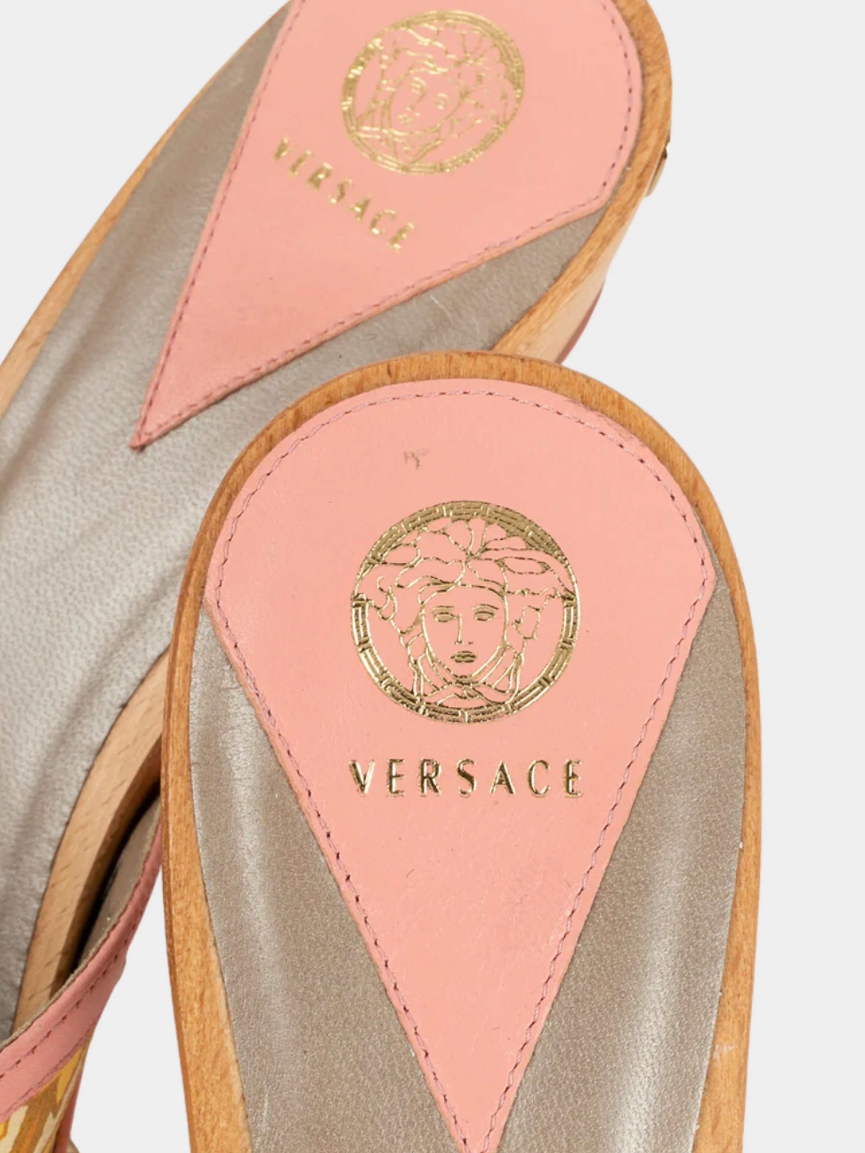 Versace 2000s Pink Printed Wooden Sole Mules - Image 7