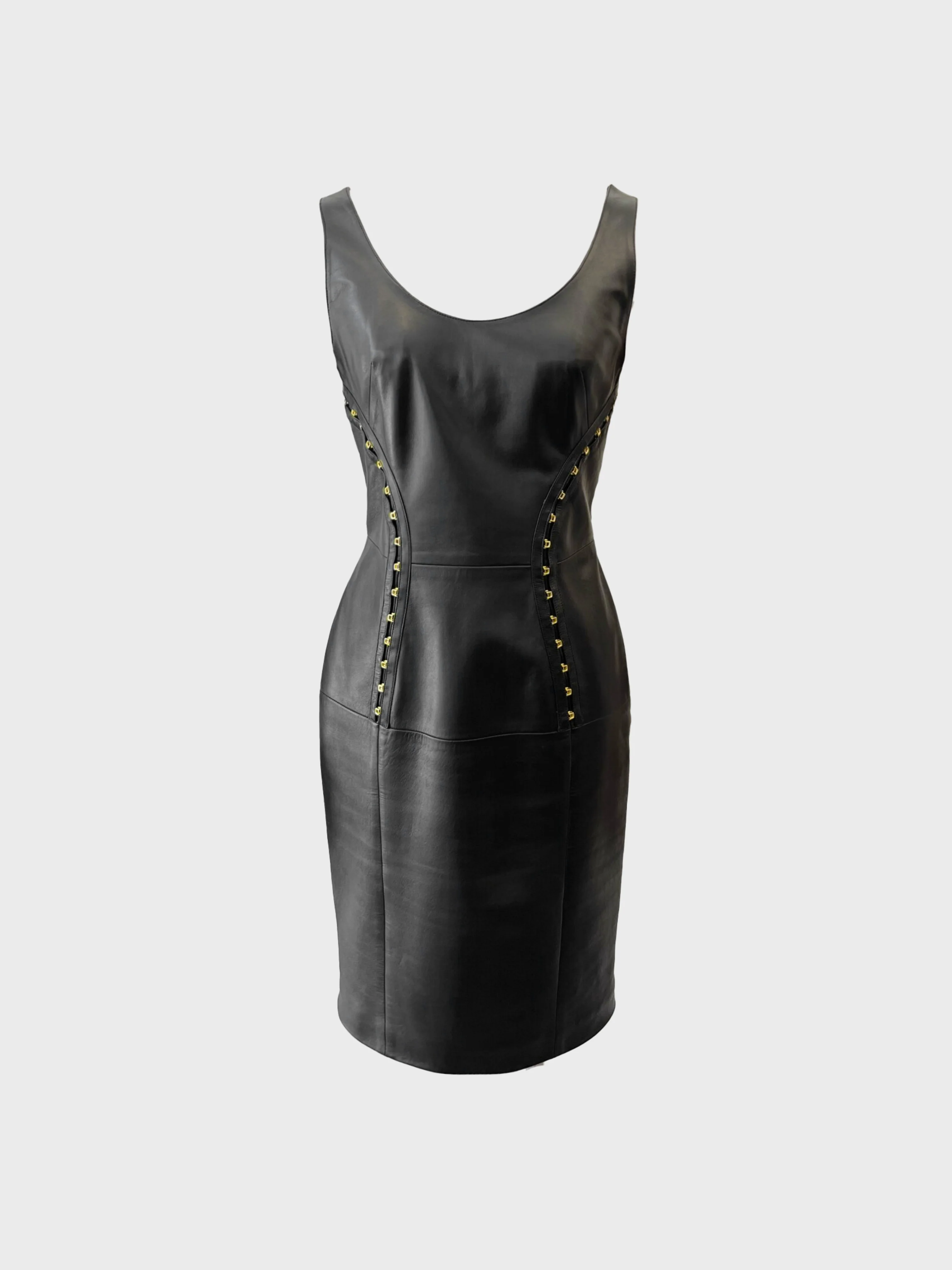 Versace 2010s Black Lambskin Leather Corset Hook Dress