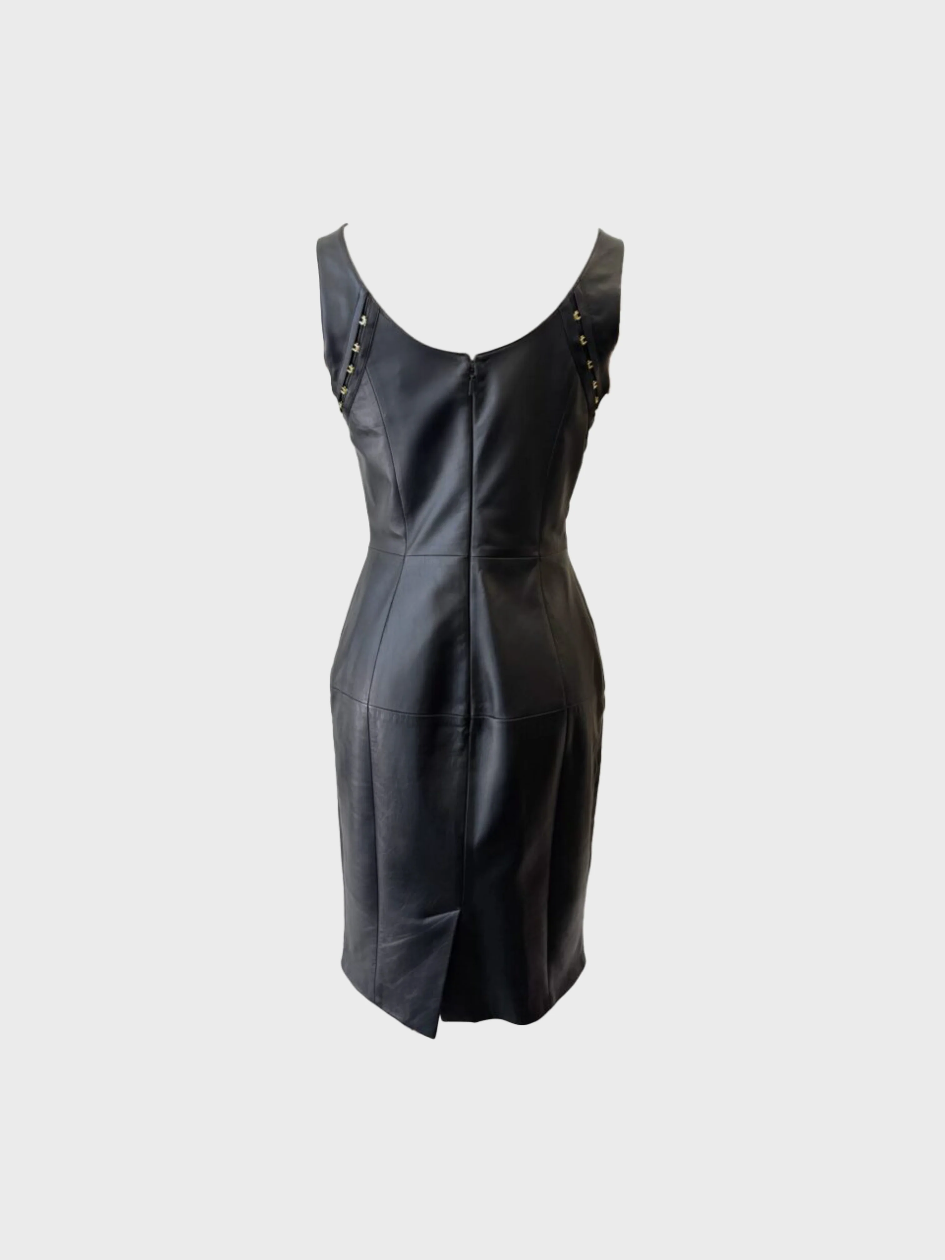 Versace 2010s Black Lambskin Leather Corset Hook Dress - Image 2