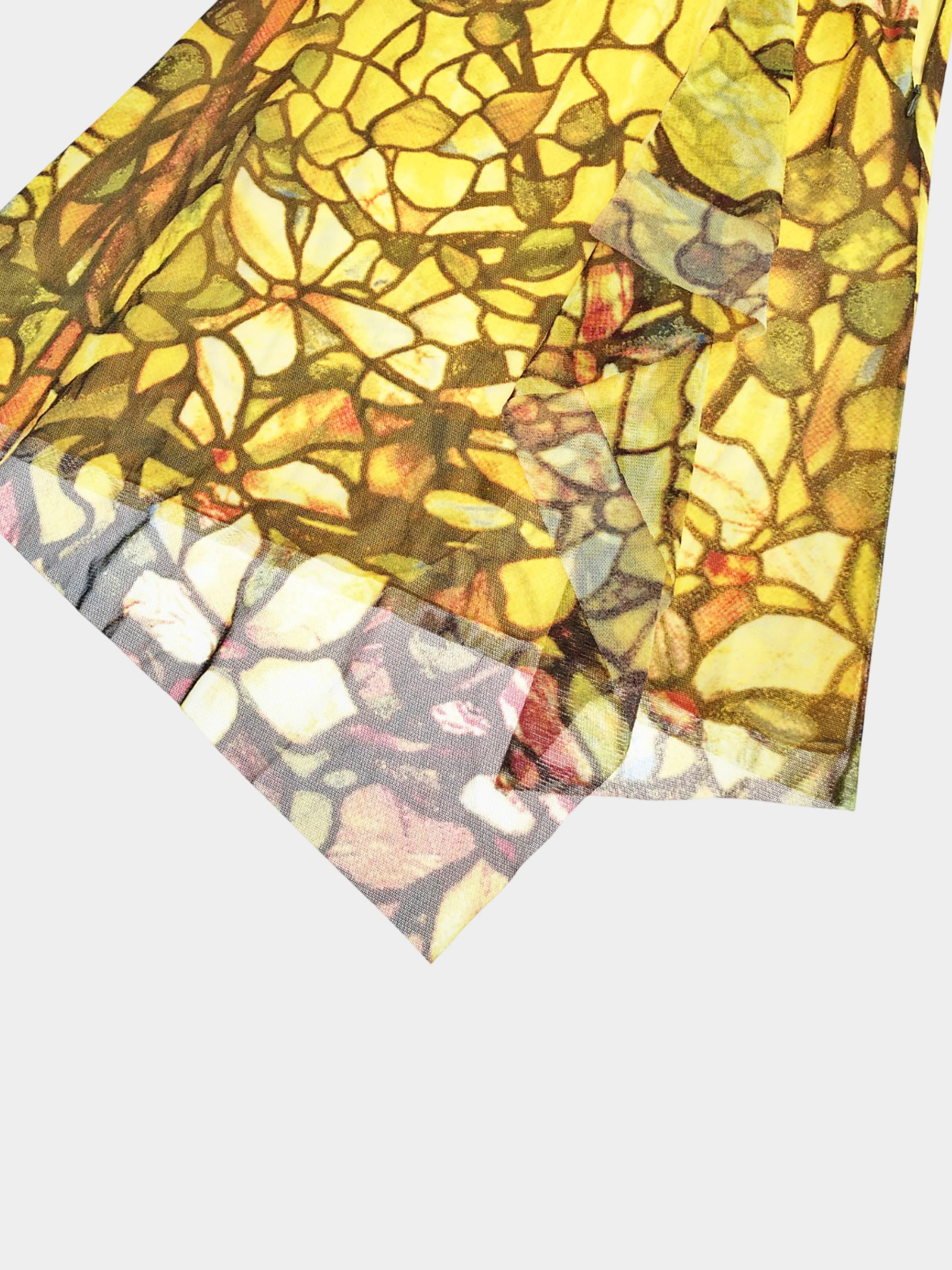 Vivienne Tam 1990s Yellow Abstract Floral Print Mesh Top and Skirt Set - Image 6