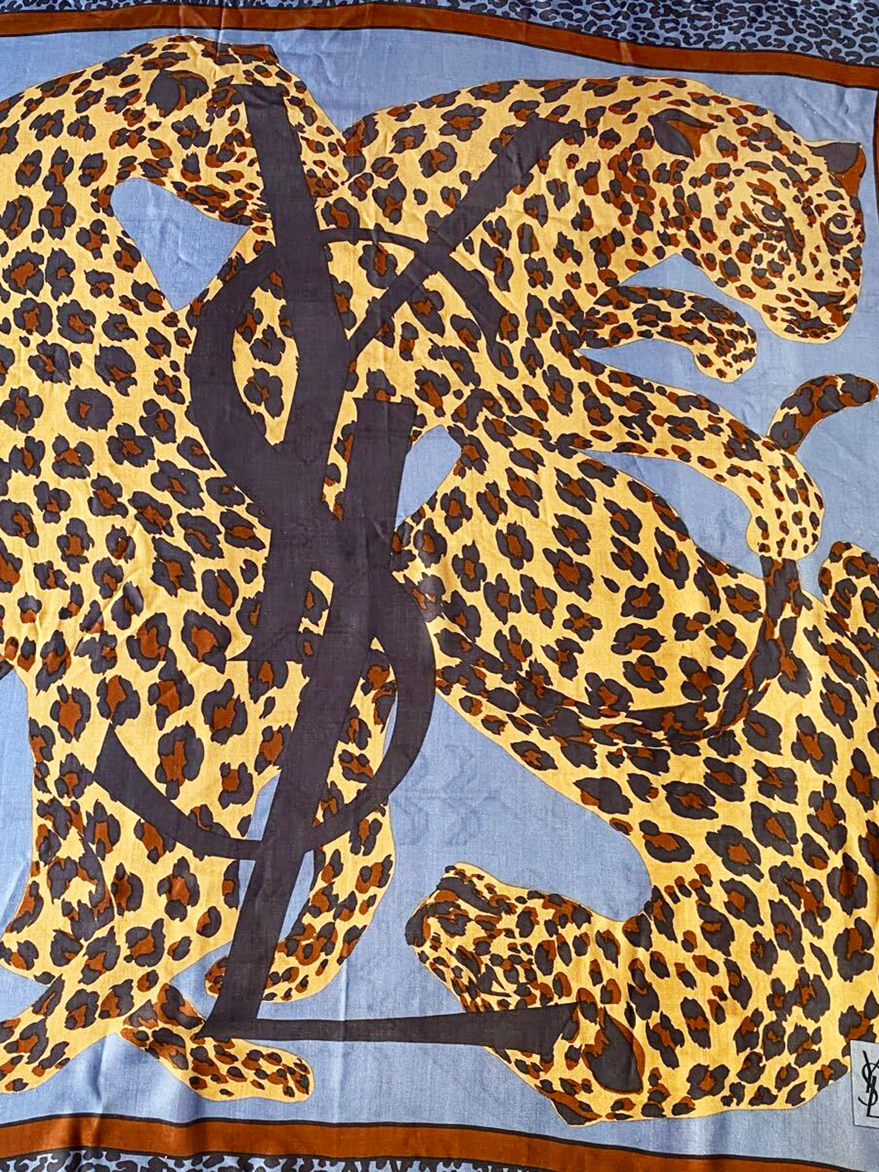Yves Saint Laurent 1980s Rare Blue and Brown Leopard Print Silk Scarf - Image 2