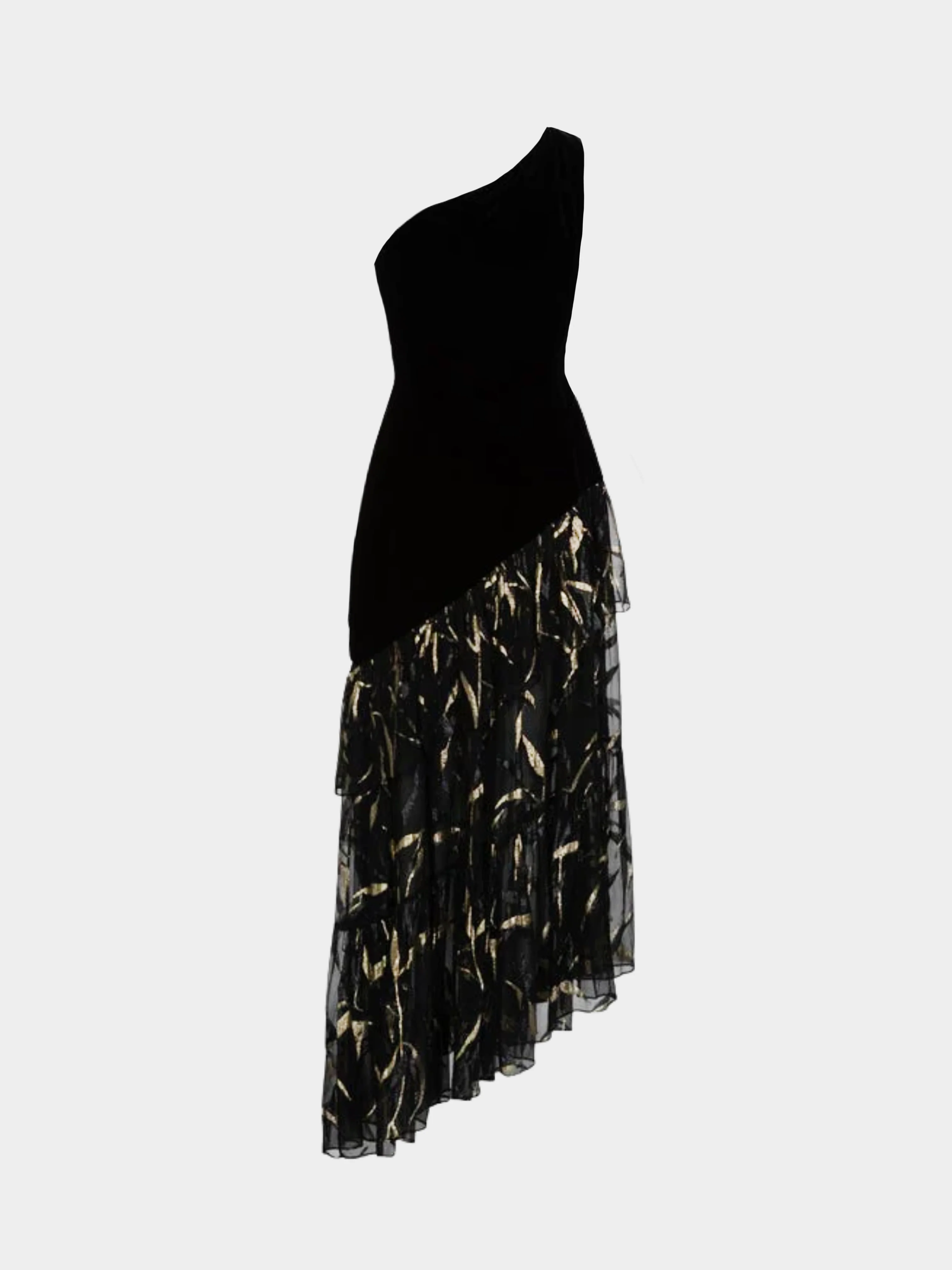 Yves Saint Laurent 1980s One Shoulder Black Velvet Metallic Layered Dress