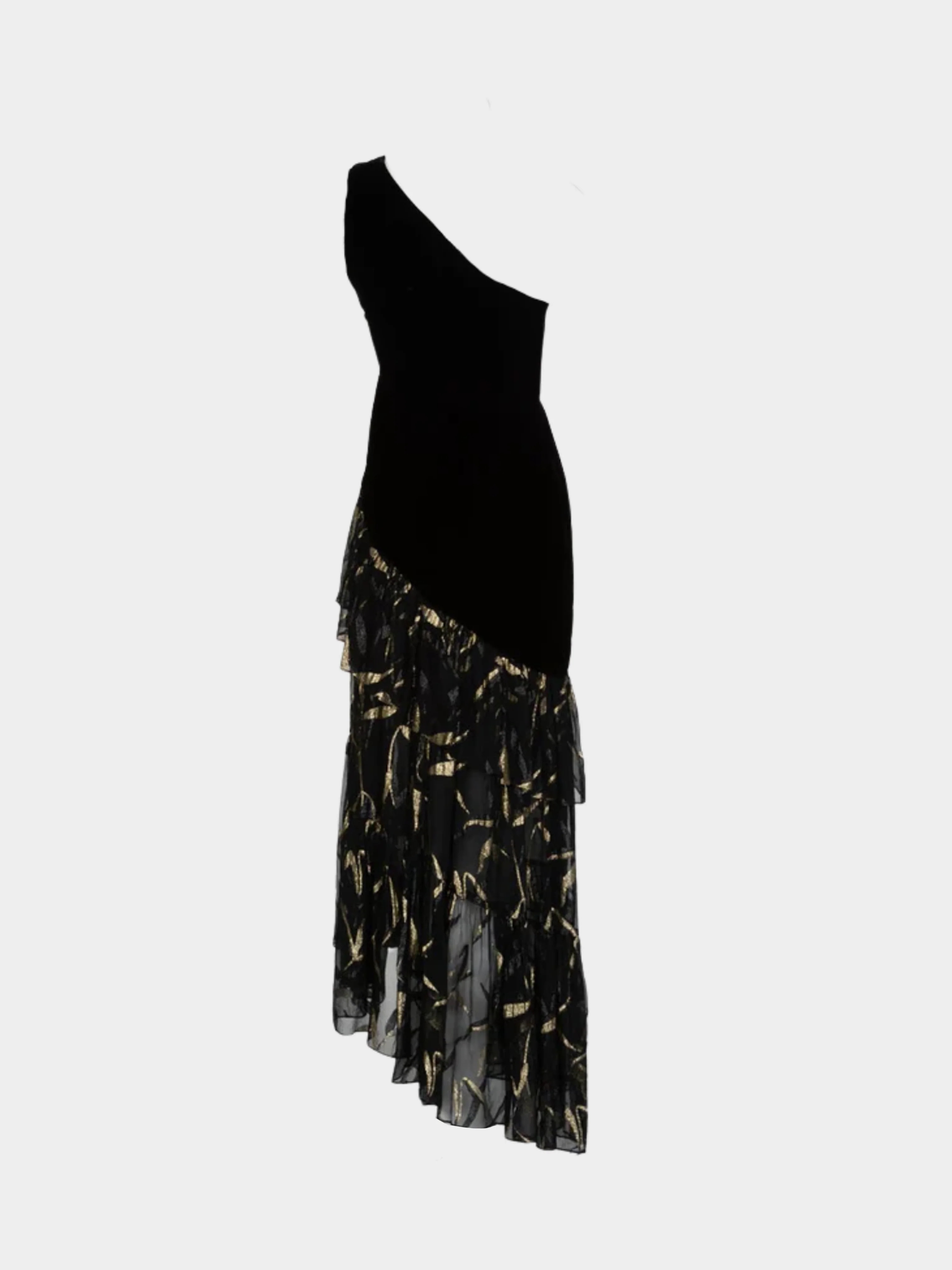 Yves Saint Laurent 1980s One Shoulder Black Velvet Metallic Layered Dress - Image 2