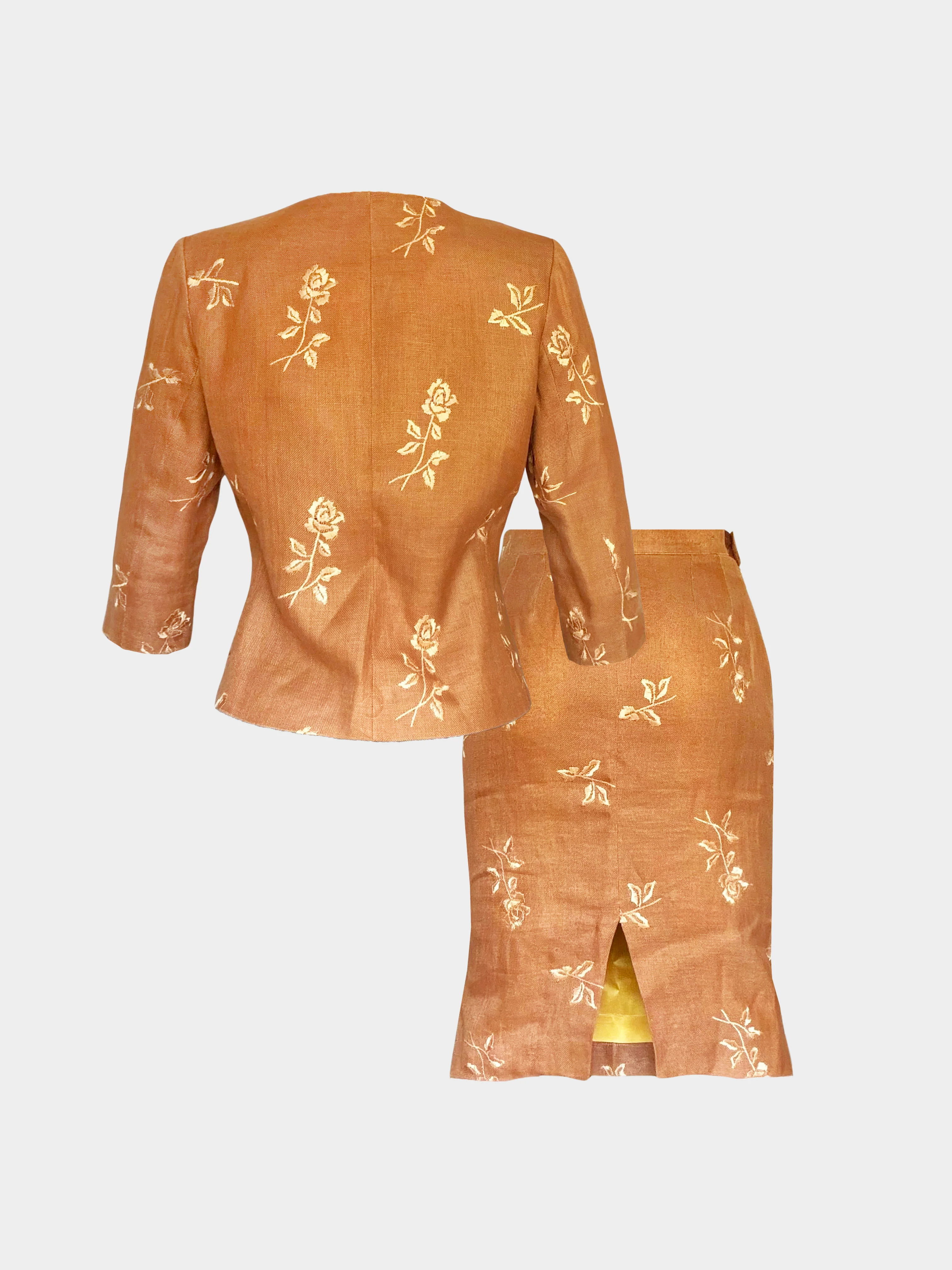 Yves Saint Laurent 1990s Brown Floral Embroidered Jacket and Skirt Set - Image 3