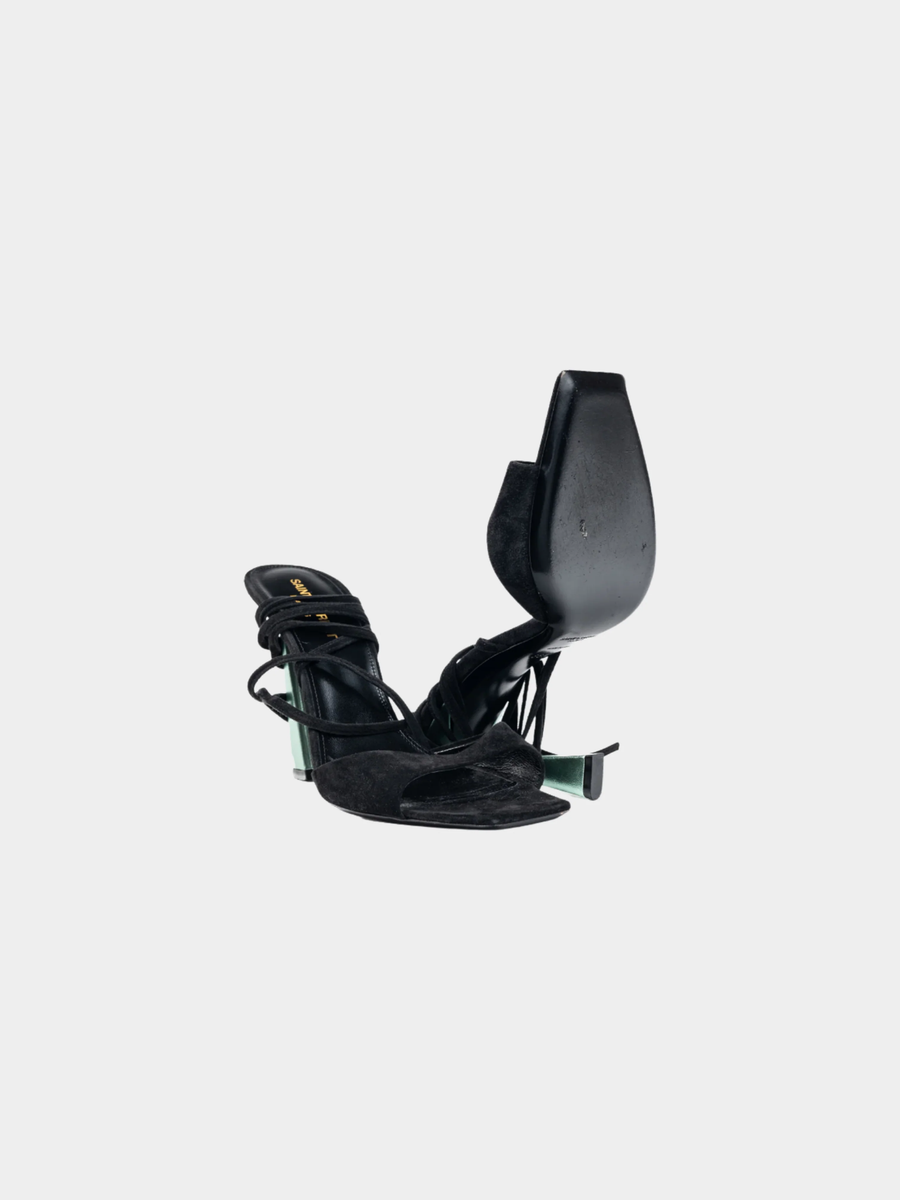 Yves Saint Laurent 2010s Paz Black Suede Lace-Up Green-Heeled Sandals - Image 4