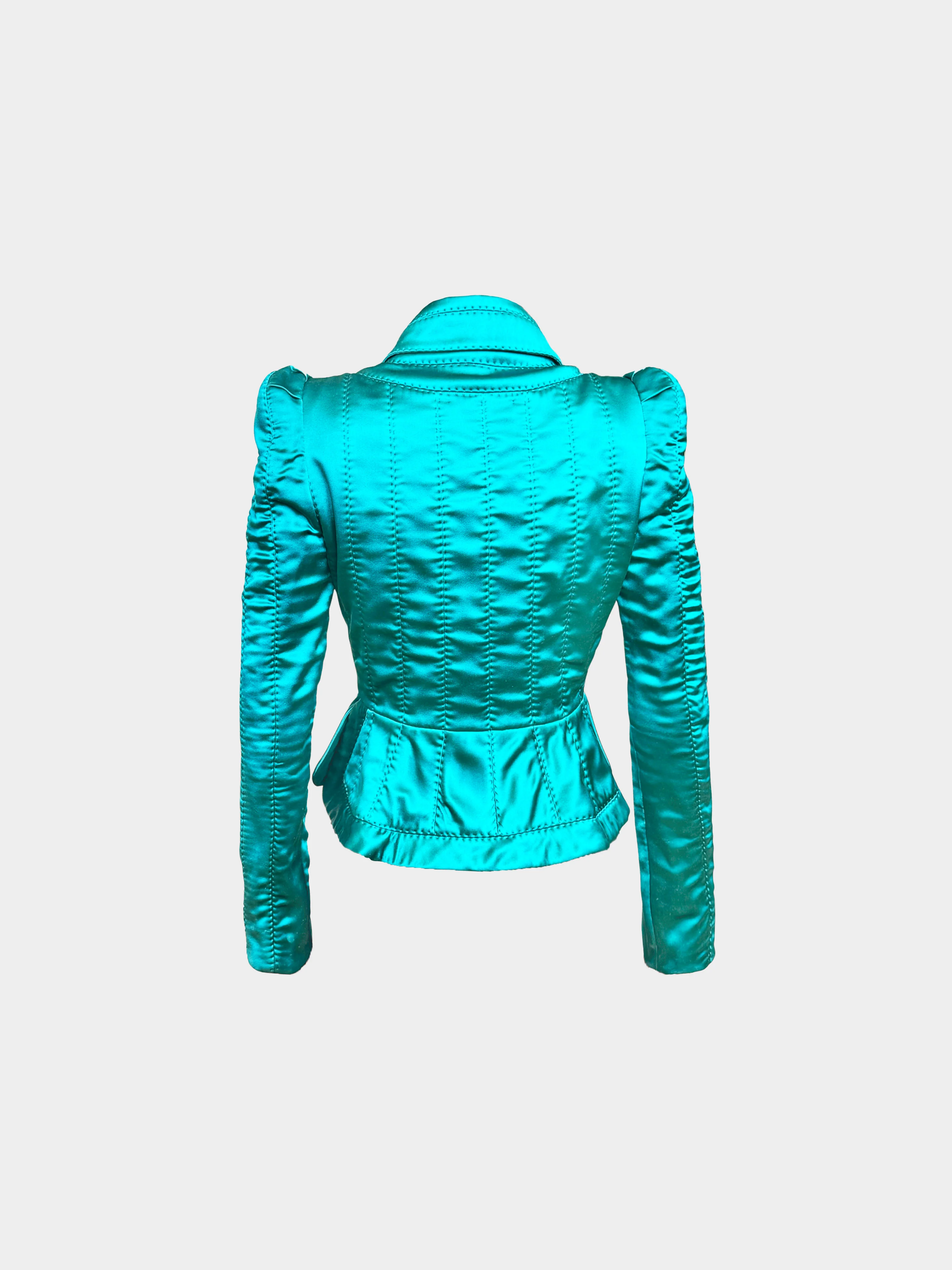 Yves Saint Laurent by Tom Ford FW 2004 Runway Teal Satin Pagoda Jacket - Image 2