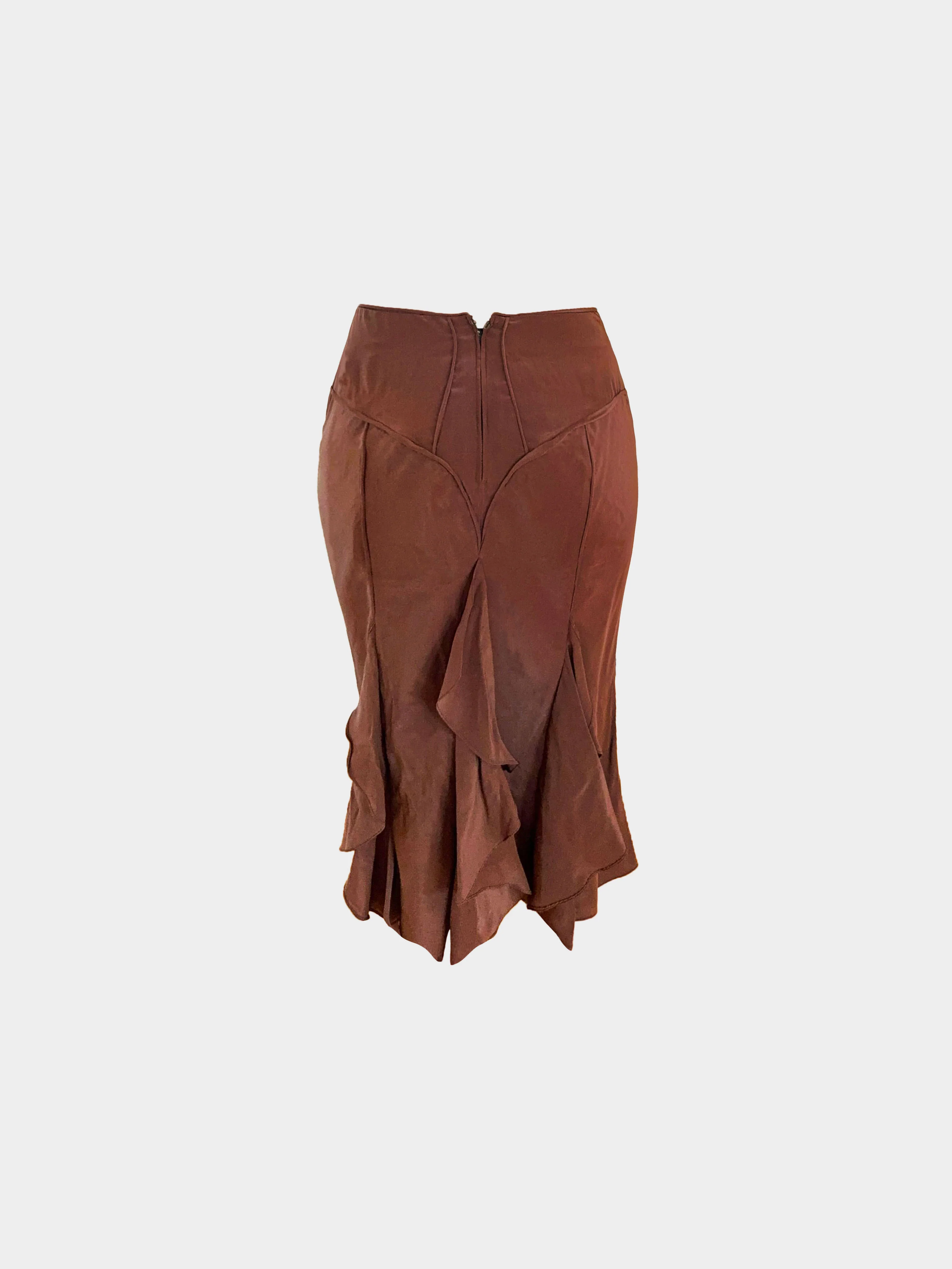 Yves Saint Laurent Rive Gauche SS 2003 Runway Brown Ruffled Silk Skirt - Image 2