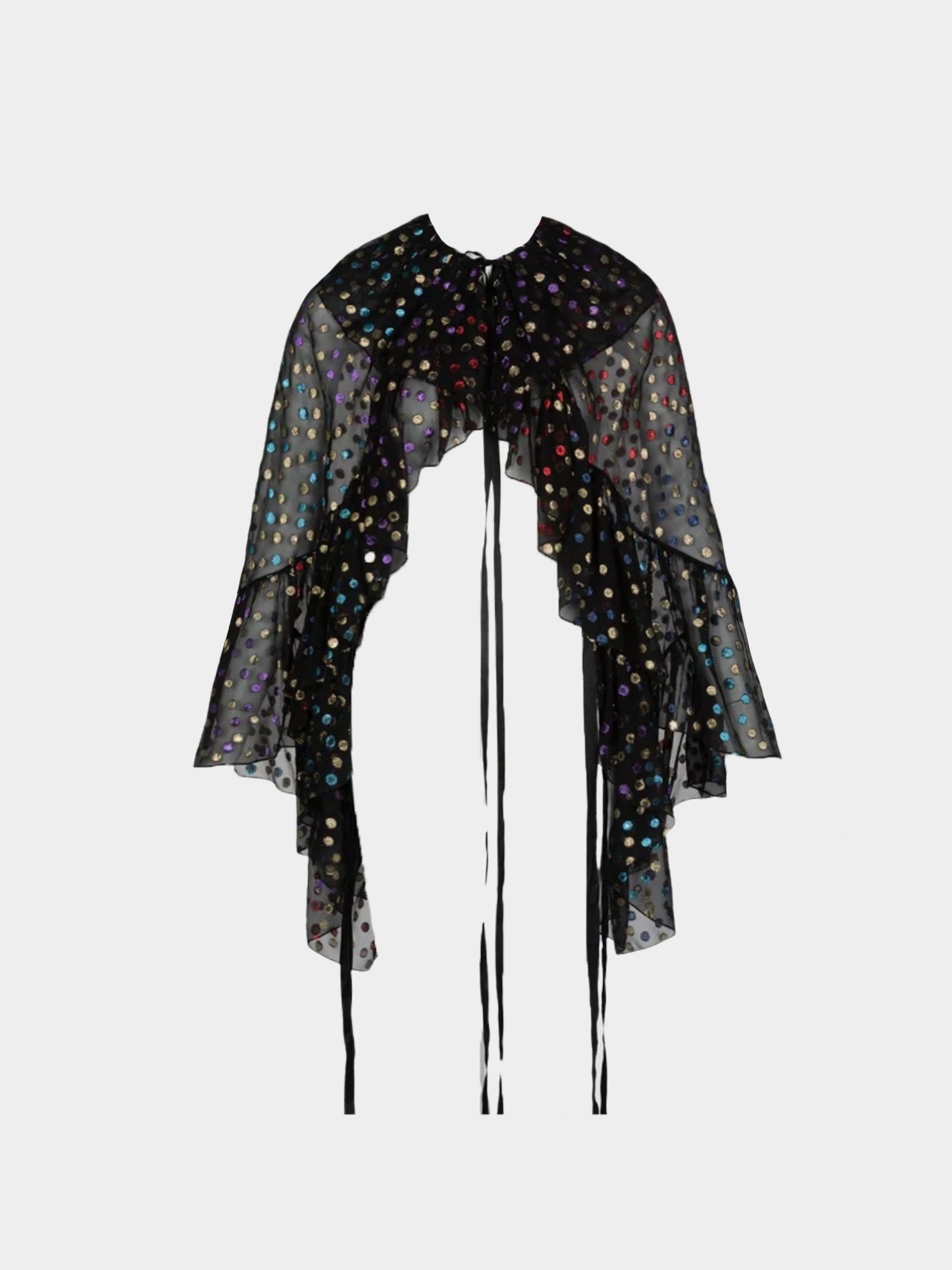 Yves Saint Laurent SS 2018 Runway Black Silk Metallic Dot Ruffle Cape Blouse Top - Image 2